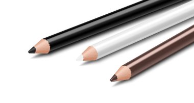 Kaşlar, gözler ve dudaklar için kozmetik kalem seti. Makyaj için göz kalemi, beyaz arka planda izole edilmiş. Siyah ve kahverengi göz kalemleri. Profesyonel dekoratif kozmetik. Gerçekçi 3d vektör illüstrasyonu.