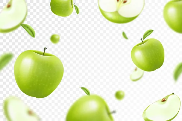 Apple background. Flying whole, half and slices of fresh apples. With blurry effect. Can be used for wallpaper, banner, poster, print, fabric, wrapping paper. Realistic 3d vector illustration.