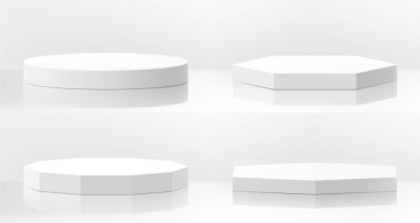 Farklı şekillerde beyaz podyumlar, vektör kaidesi şablonu. Zemin kat platformu vektörü izole edildi. Yuvarlak, kare ve çokyüzlü, boş podyum. Promosyon gösterisi. Gerçekçi 3d vektörü