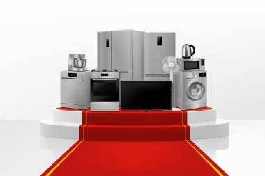 Podyumu veya yayayı kırmızı yollu ve ev aletli gösteriniz: mikrodalga fırın, çamaşır makinesi, buzdolabı, soba, televizyon, bulaşık makinesi, mutfak kaputu. Gerçekçi 3B vektör