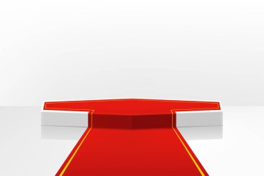 Ödül töreni için kırmızı yolu olan aydınlatılmış sahne podyumu. Gerçekçi 3D vektör çizimi, VIP ünlülerin yaşam tarzı konsepti. Kazananlar ve ödül töreni için sahne.