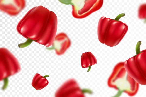 Falling red bell peppers isolated on a transparent background with clipping path as package design element and advertising. Flying vegetables with blurry effect. Realistic 3d vector