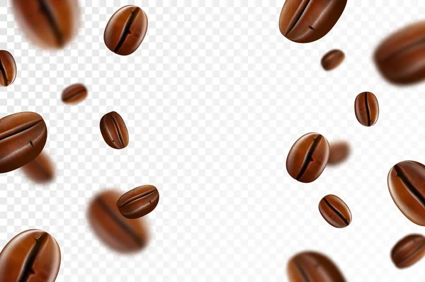 咖啡豆在透明的背景下脱落 飞散分散咖啡颗粒 适用于咖啡店广告 菜单设计 现实的3D矢量说明 — 图库照片
