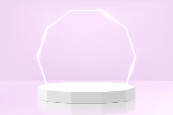 Realistyczny Biały Postument Polihedronu Świecącym Neonowym Polihedronem Fioletowym Tle Pastelowa — Zdjęcie stockowe