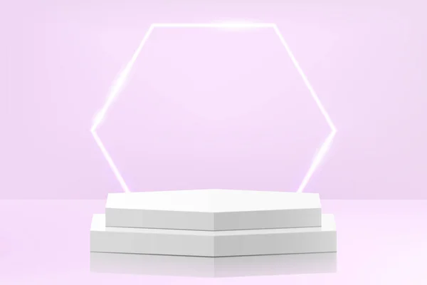 Abstract white pedestal podium in hexagon shape, with glowing neon hexagonal background. Minimal wall scene for product display presentation. Realistic 3d vector geometric rendering platform design.
