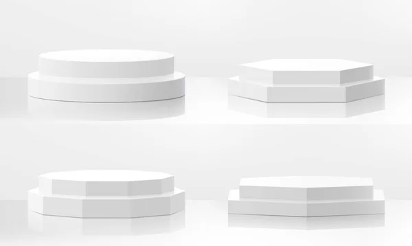 Set White Podiums Different Shapes Podiums Steps Template Showroom Pedestals — Stock Photo, Image