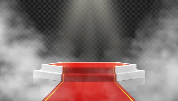 Pódio Branco Com Caminho Vermelho Fundo Escuro Com Fumaça Pedestal — Fotografia de Stock