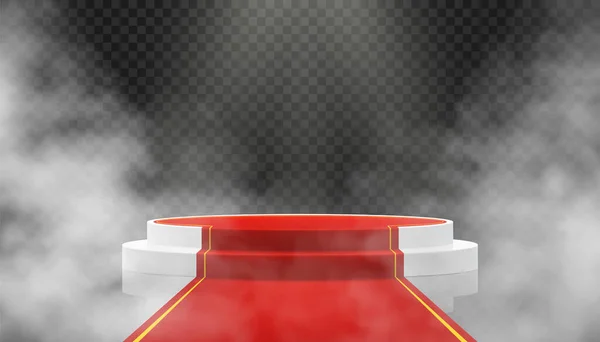 Pódio Branco Com Caminho Vermelho Fundo Escuro Com Fumaça Pedestal — Fotografia de Stock