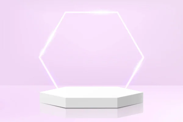 Abstrakt Vit Piedestal Podium Hexagon Form Med Glödande Neon Hexagonal — Stockfoto