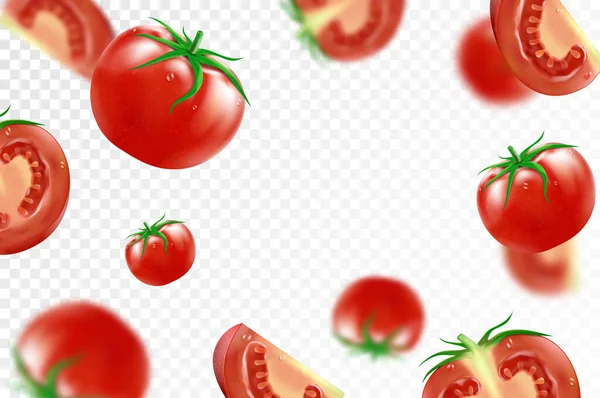 トマトの背景 新鮮な熟したトマトを落ち 透明な背景に隔離されています 選択的フォーカス 赤いトマトを中心に飛んでいます ケチャップ ジュース広告に適用されます 現実的な3Dベクトル — ストック写真