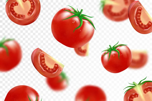 番茄的背景 新鲜成熟的西红柿 在透明的背景下被隔离 有选择的重点 飞散焦距红色西红柿 适用于番茄酱 果汁广告 现实的3D矢量 — 图库照片