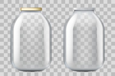 Boş üç litrelik cam kavanoz. Şeffaf arkaplanda izole edilmiş. 3D gerçekçi vektör modeli. Kapağı ve kapağı olmayan bir kavanoz. Süt, su veya meyve suyu kabı.
