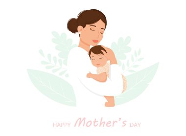 Anne Kucağında Bebeği Kucağında Kızının Vektör İllüstrasyonu. Anneler günün kutlu olsun. Aile kavramının Düz Vektör illüstrasyonu