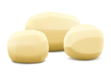 Pişmiş yemek için çiğ patates, beyaz arka planda izole edilmiş. Gerçekçi 3 boyutlu vektör çizimi. Gıda ürünleri ve menülerin ambalaj tasarımı ve reklamında kullanılabilir.