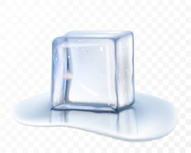 Şeffaf mavi vektör buz küpü ve su damlaları. Su yüzeyinde buz küpü. Gerçekçi 3d vektör illüstrasyonu,