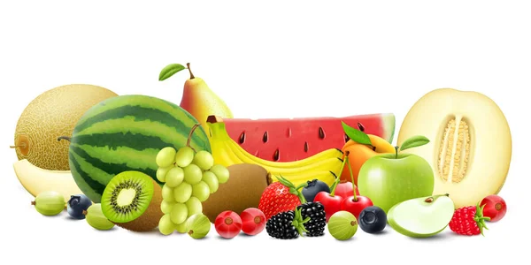 Fresh Ripe Juicy Fruits Berries Strawberry Pear Banana Melon Watermelon — Stock Photo, Image