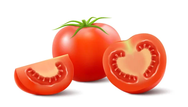 白い背景に隔離された赤いトマト リアルな3Dベクトルイラスト 半分と緑の葉でトマトをスライス 新鮮な野菜 — ストック写真
