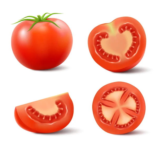 一组红色西红柿在白色背景上被隔离 现实的3D矢量图解 用绿色叶子切碎西红柿 新鲜蔬菜 — 图库照片