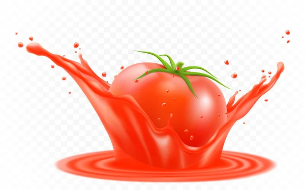 Realistische Rijpe Tomaat Rode Sappige Plons Vector Tomatensap Explosie Voor — Stockfoto