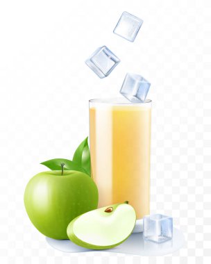 Bir bardak taze elma suyu ya da buzlu smoothie bardağa düşer. Bir bardak kokteyl ya da yeşil elmalı yoğurt, şeffaf arka planda izole edilmiş. Gerçekçi 3d vektörü