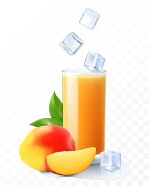 Bir bardak taze mango suyu ya da buzlu smoothie bardağa düşer. Bir bardak kokteyl ya da yoğurt, şeffaf arka planda izole edilmiş olgun mangolu. Gerçekçi 3d vektörü