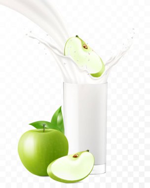 Apple falling in a glass of milk or yogurt. Sweet milk splashes. Fruit milkshake advertising banner, yogurt jet, flying drops, white drink in glass cup, Realistic 3d vector illustration, isolated