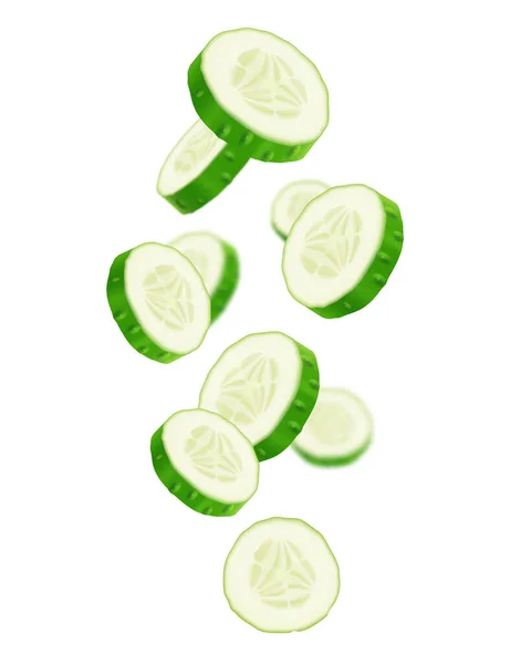 Flying Cucumber Pieces Falling Cucumber Slice Isolated White Background Selective — Stock Photo, Image