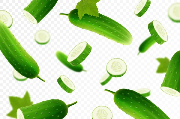 Flying Cucumber Falling Cucumbers Whole Slices Isolated Transparent Background Selective — Stock Photo, Image