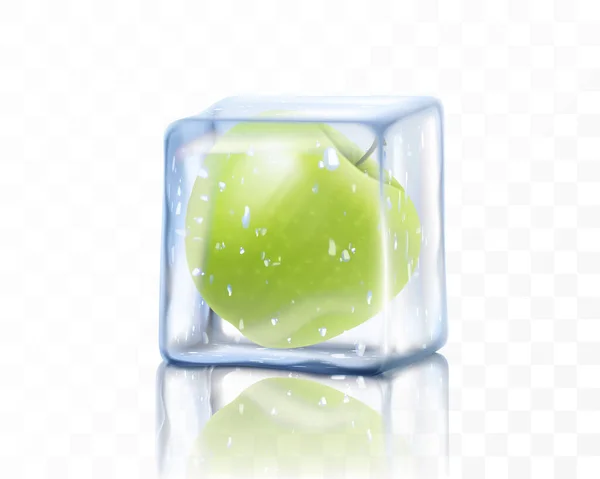 透明な背景に隔離された氷のキューブに新鮮な熟したリンゴ フローズングリーンアップル リアルな3Dベクトルイラスト — ストック写真