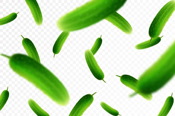 Літаючий Огірок Падаючі Огірки Цілі Скибочки Ізольовані Прозорому Фоні Вибірковий — стокове фото