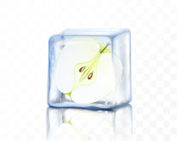 透明な背景に隔離された氷のキューブに新鮮な熟したリンゴの半分 フローズングリーンアップル リアルな3Dベクトルイラスト — ストック写真