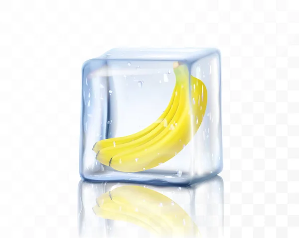 新鲜成熟的香蕉在透明的背景下与冰块隔离 冷冻香蕉 现实的3D病媒说明 — 图库照片