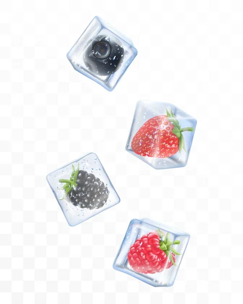 Himbeeren Brombeeren Erdbeeren Und Schwarze Johannisbeeren Eiswürfeln Fallen Isoliert Auf — Stockfoto