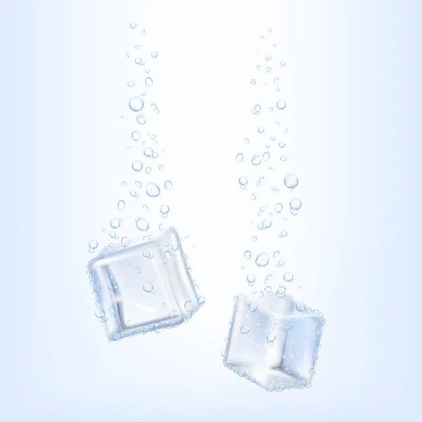 水与冰块一起飞溅 冰块掉进水里 造成气泡 现实的3D矢量设计 有下落的冰块 融化的水滴 新鲜的饮料和冰冻的冰块 — 图库照片