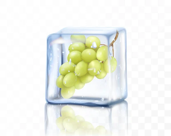 新鲜成熟的葡萄在透明的背景下与冰块隔离 结冰的绿葡萄 现实的3D矢量图解 — 图库照片