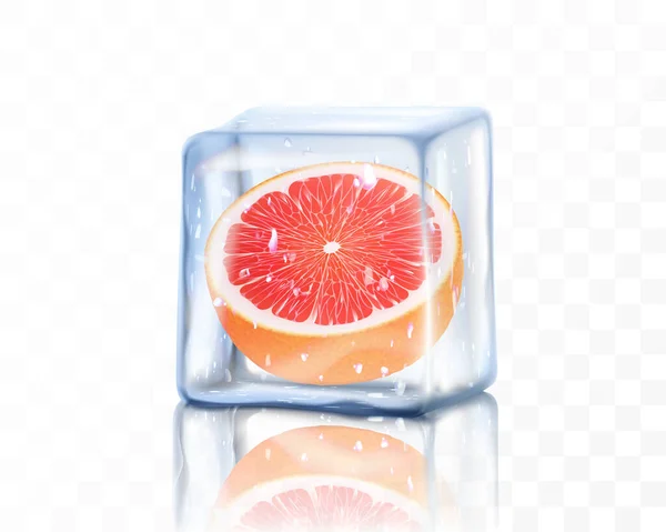 透明な背景に隔離された氷のキューブに新鮮な熟したグレープフルーツの半分 冷凍ジューシーなグレープフルーツ リアルな3Dベクトルイラスト — ストック写真