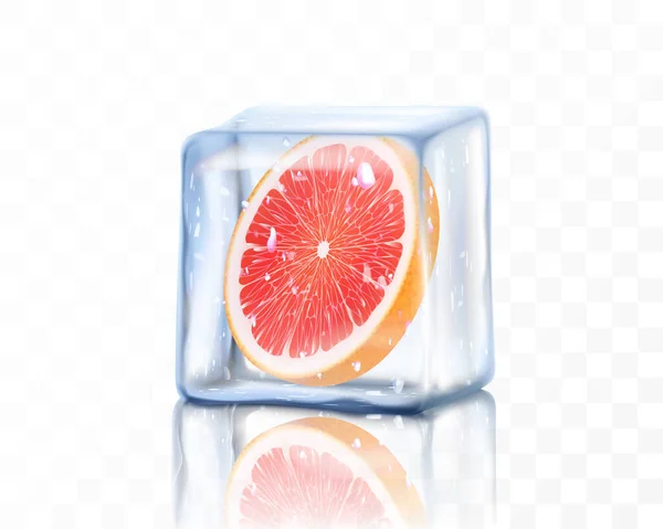 透明な背景に隔離されたアイスキューブで新鮮な熟したグレープフルーツスライス 冷凍ジューシーなグレープフルーツ リアルな3Dベクトルイラスト — ストック写真