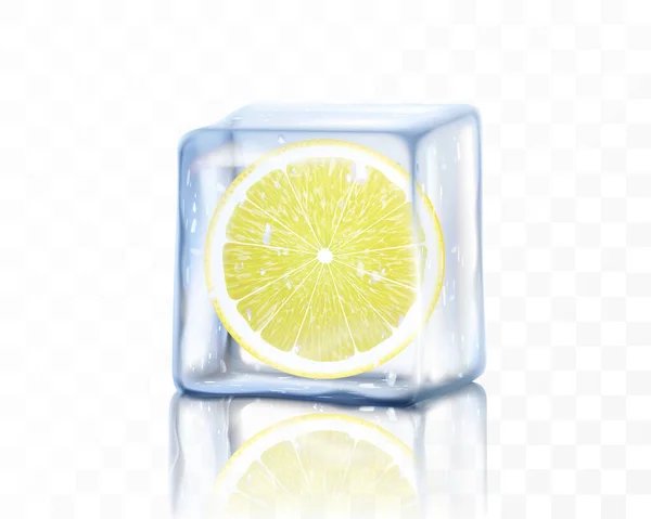透明な背景に隔離された氷のキューブで新鮮な熟したレモンスライス レモンの冷凍部分 現実的な3Dベクトル図 — ストック写真