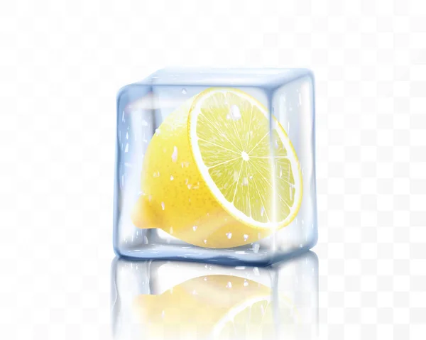 新鲜成熟的柠檬一半在透明的背景下与冰块隔离 冻柠檬 现实的3D病媒图解 — 图库照片