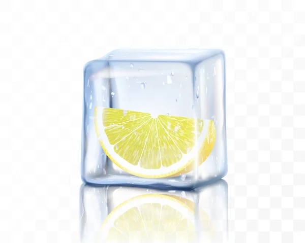 新鲜成熟的柠檬片 在透明的背景下隔离在冰块中 冻柠檬片 现实的3D矢量说明 — 图库照片