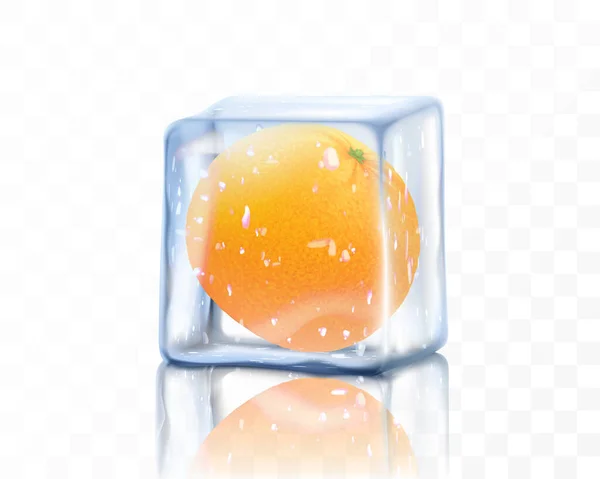 新鲜成熟的橙子 在透明的背景上隔离在冰块中 现实的3D矢量图解 — 图库照片