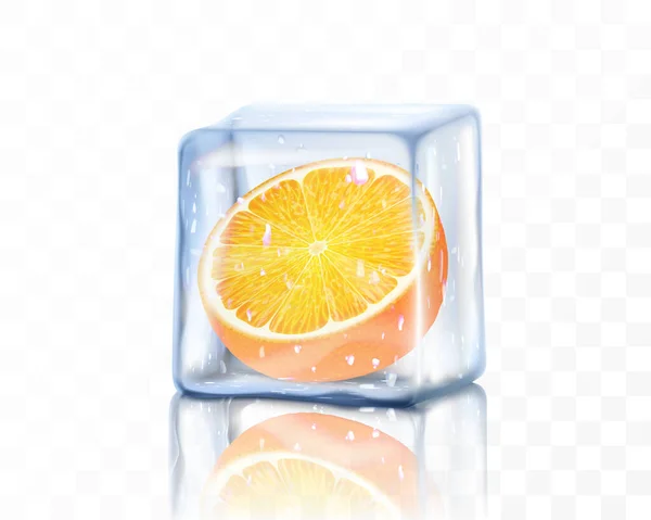透明な背景に隔離された氷のキューブに新鮮な熟したオレンジの半分 冷凍オレンジ 現実的な3Dベクトルイラスト — ストック写真