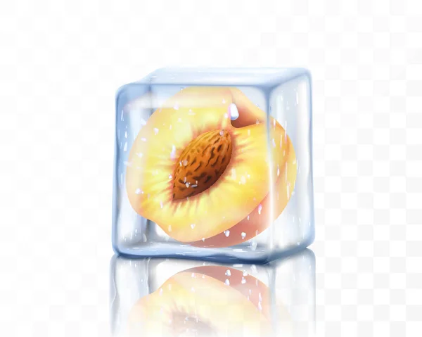透明な背景に隔離された氷のキューブに新鮮な熟した桃の半分 石で冷凍桃 現実的な3Dベクトルイラスト — ストック写真