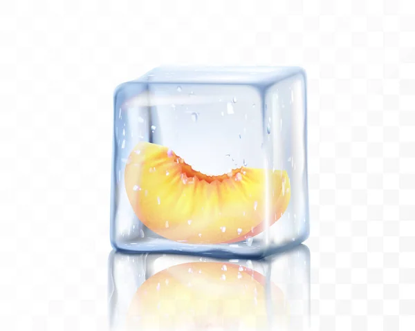 新鲜成熟的桃片在透明的背景上隔离在冰块中 冰冻的桃 逼真的3D矢量图解 — 图库照片