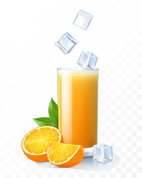 Glass Fresh Orange Juice Ice Cubes Falling Glass Cup Citrus — Stock Photo, Image