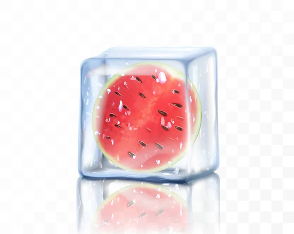 透明な背景に隔離された氷のキューブに新鮮な熟したスイカの半分 スイカ 現実的な3Dベクトルイラストの冷凍作品 — ストック写真