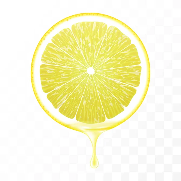 透明な背景に孤立滴下ジュースでレモンのスライス エッセンシャルオイルとレモンの新鮮なスライス滴下 ジューシーな果物 新鮮な柑橘類のデザイン 現実的な3Dベクトル — ストック写真