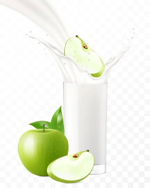 Apple Falling Glass Milk Yogurt Sweet Milk Splashes Fruit Milkshake — Stock Photo, Image