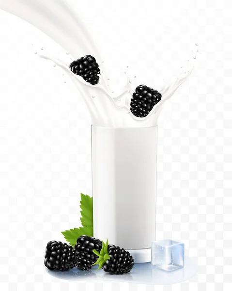 Blackberry Caindo Copo Leite Iogurte Doce Salpicos Leite Banner Publicitário — Fotografia de Stock