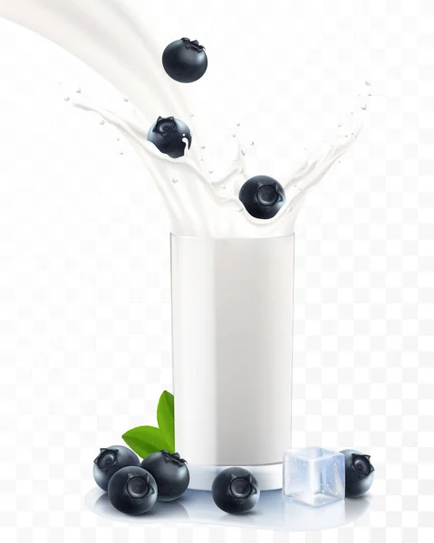 Mirtillo Che Cade Bicchiere Latte Yogurt Dolci Spruzzi Latte Bandiera — Foto Stock